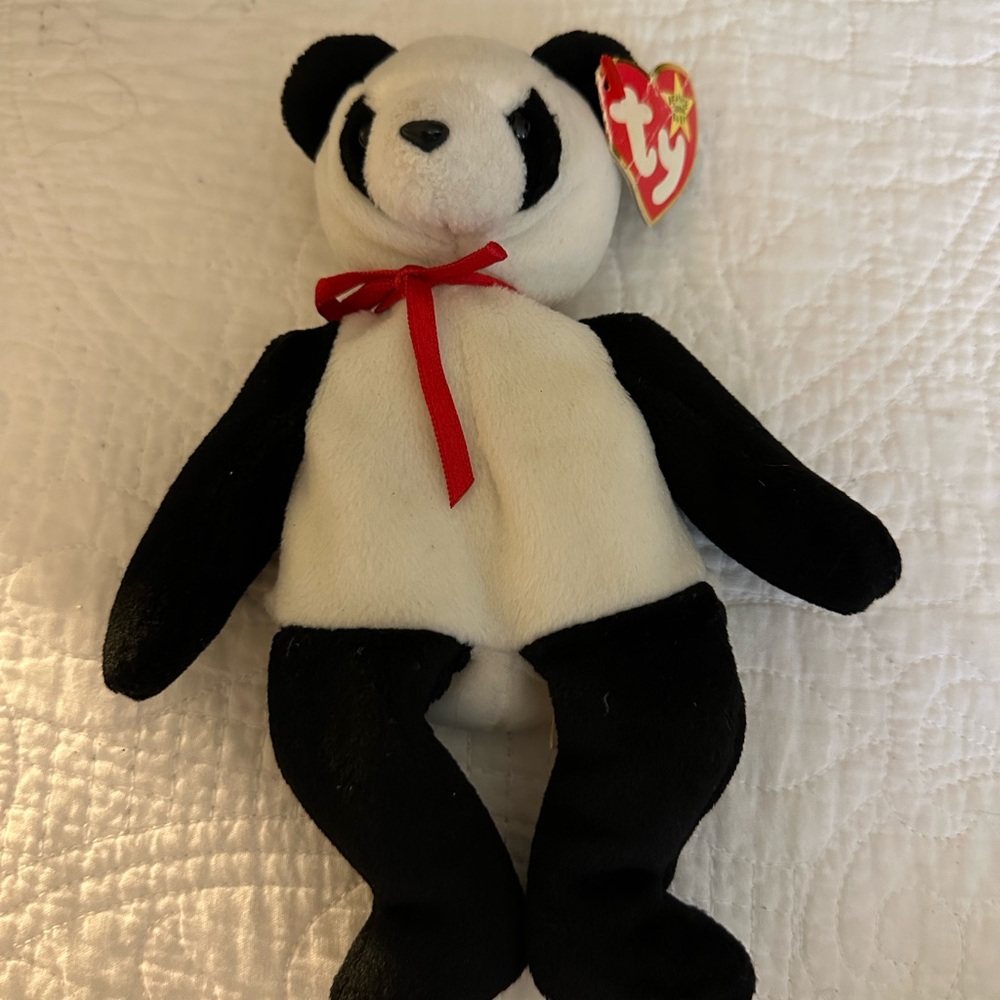 Black and White Panda Plush Toy with Ribbon